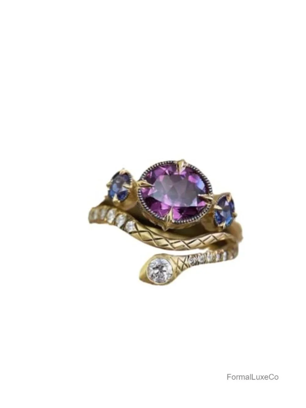 18k Gold Artistic Retro Copper Ring with Amethyst Sapphire Zircon Snake Shaped
